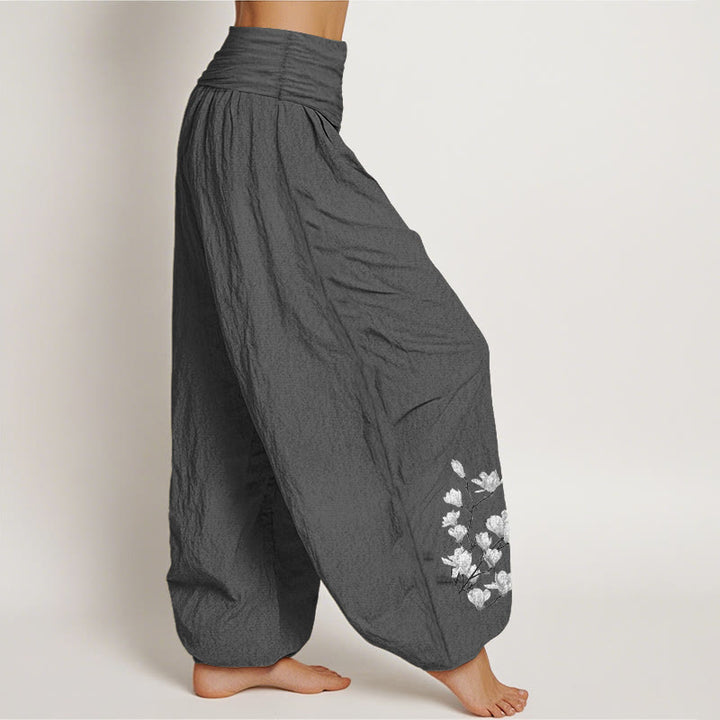 Buddha Stones Haremshose aus reiner Baumwolle im minimalistischen Stil mit Magnolienblumenmuster und elastischem Bund. - image 10