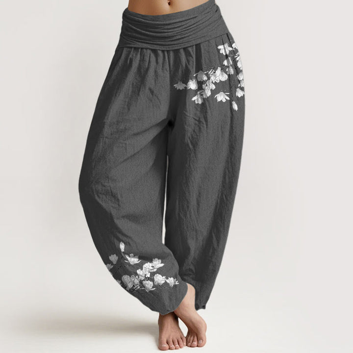 Buddha Stones Haremshose aus reiner Baumwolle im minimalistischen Stil mit Magnolienblumenmuster und elastischem Bund. - DimGray - US16, UK/AU20, EU48 (3XL) - image 8