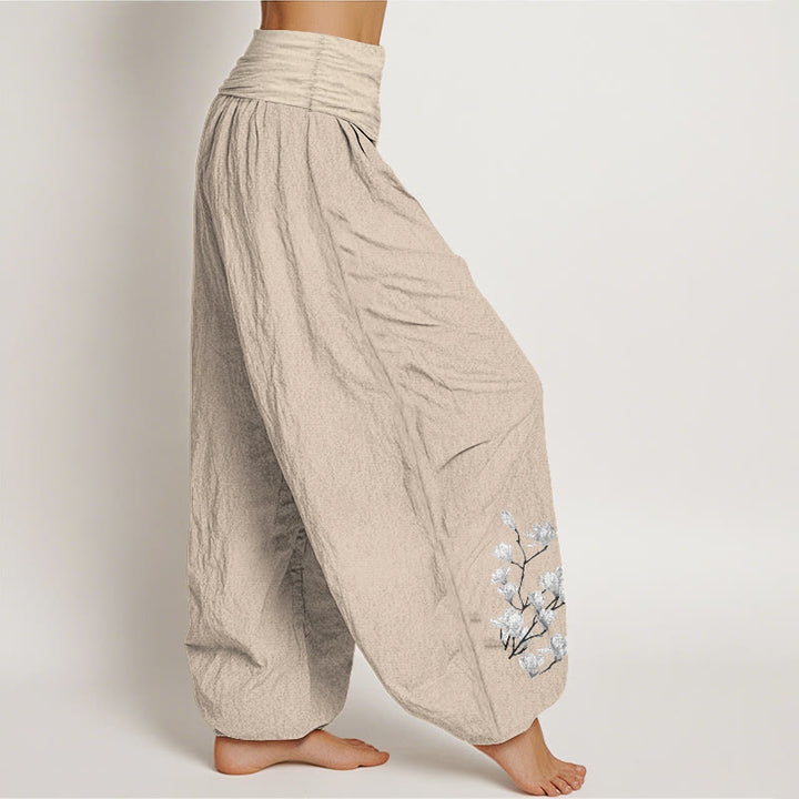 Buddha Stones Haremshose aus reiner Baumwolle im minimalistischen Stil mit Magnolienblumenmuster und elastischem Bund. - image 13