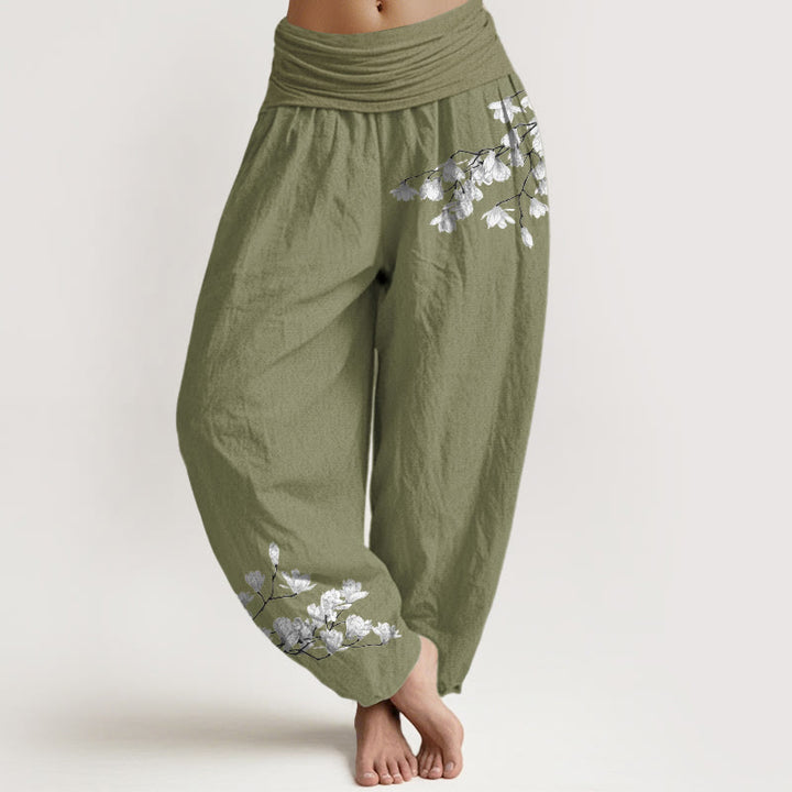 Buddha Stones Haremshose aus reiner Baumwolle im minimalistischen Stil mit Magnolienblumenmuster und elastischem Bund. - Olivgrün - US16, UK/AU20, EU48 (3XL) - image 14