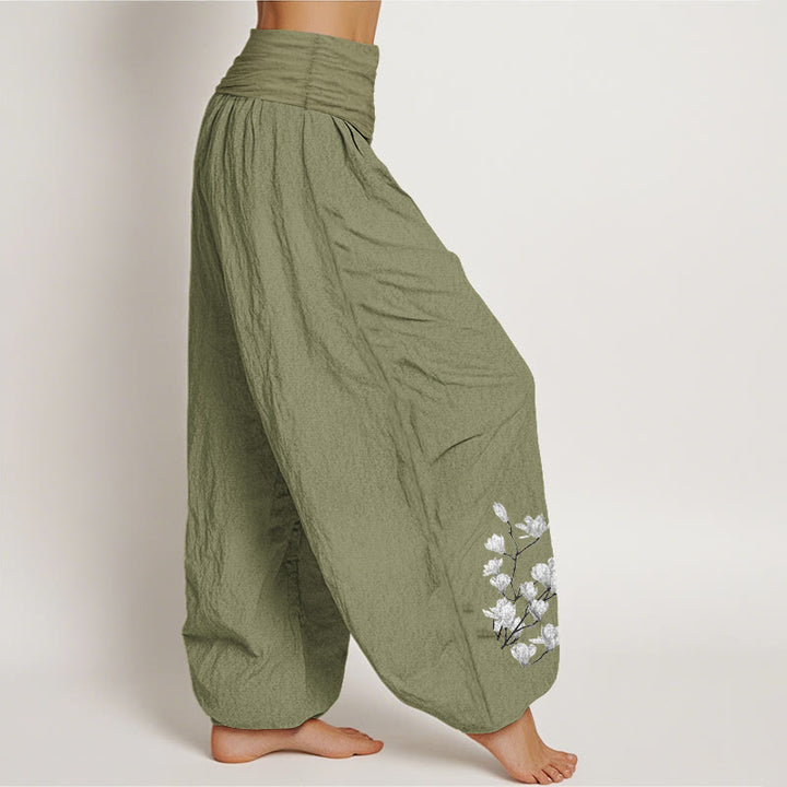 Buddha Stones Haremshose aus reiner Baumwolle im minimalistischen Stil mit Magnolienblumenmuster und elastischem Bund. - image 16