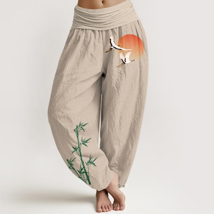 Buddha Stones Elegante Haremshose aus reiner Baumwolle mit Sonnenkranich- und Bambusmuster, elastischer Bund für Damen - Bräunen - US16, UK/AU20, EU48 (3XL) - image 0