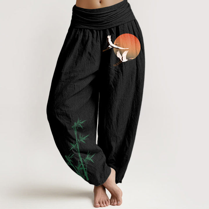 Buddha Stones Elegante Haremshose aus reiner Baumwolle mit Sonnenkranich- und Bambusmuster, elastischer Bund für Damen - Schwarz - US16, UK/AU20, EU48 (3XL) - image 5