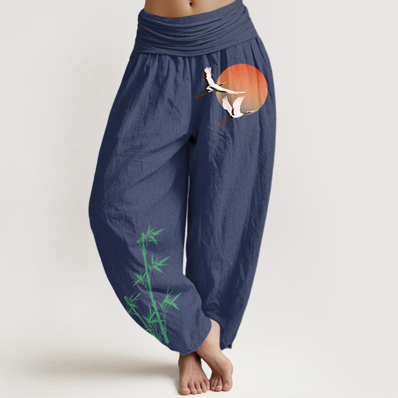 Buddha Stones Elegante Haremshose aus reiner Baumwolle mit Sonnenkranich- und Bambusmuster, elastischer Bund für Damen - Dunkelschieferblau - US16, UK/AU20, EU48 (3XL) - image 8