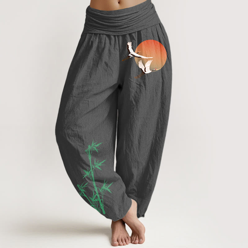 Buddha Stones Elegante Haremshose aus reiner Baumwolle mit Sonnenkranich- und Bambusmuster, elastischer Bund für Damen - DimGray - US16, UK/AU20, EU48 (3XL) - image 11