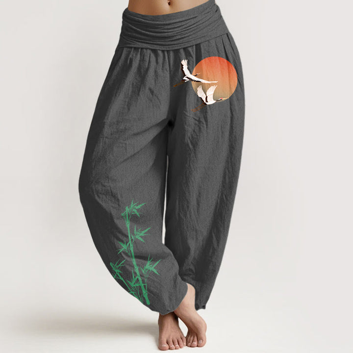 Buddha Stones Elegante Haremshose aus reiner Baumwolle mit Sonnenkranich- und Bambusmuster, elastischer Bund für Damen - DimGray - US16, UK/AU20, EU48 (3XL) - image 11