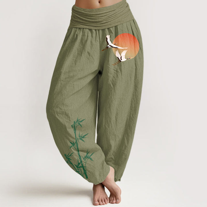 Buddha Stones Elegante Haremshose aus reiner Baumwolle mit Sonnenkranich- und Bambusmuster, elastischer Bund für Damen - Olivgrün - US16, UK/AU20, EU48 (3XL) - image 14