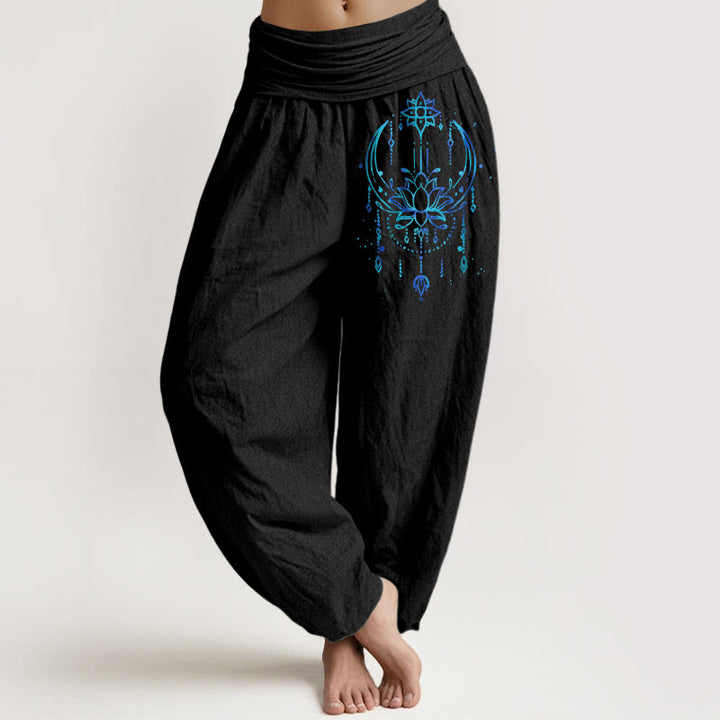 Buddha Stones Elegante Haremshose aus reiner Baumwolle mit Lotusmuster und elastischem Bund für Damen - Schwarz - US16, UK/AU20, EU48 (3XL) - image 0