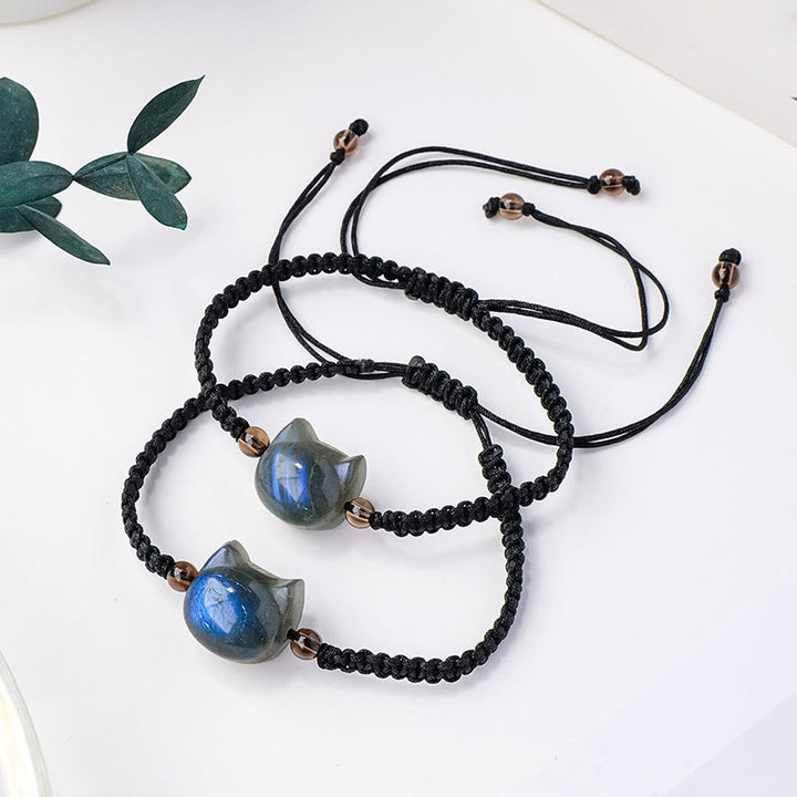Buddha Stones Niedliches Armband mit Katzenkopf-Anhänger aus natürlichem Labradorit, Seil, Heil- und Veränderungsfunktion - image 0