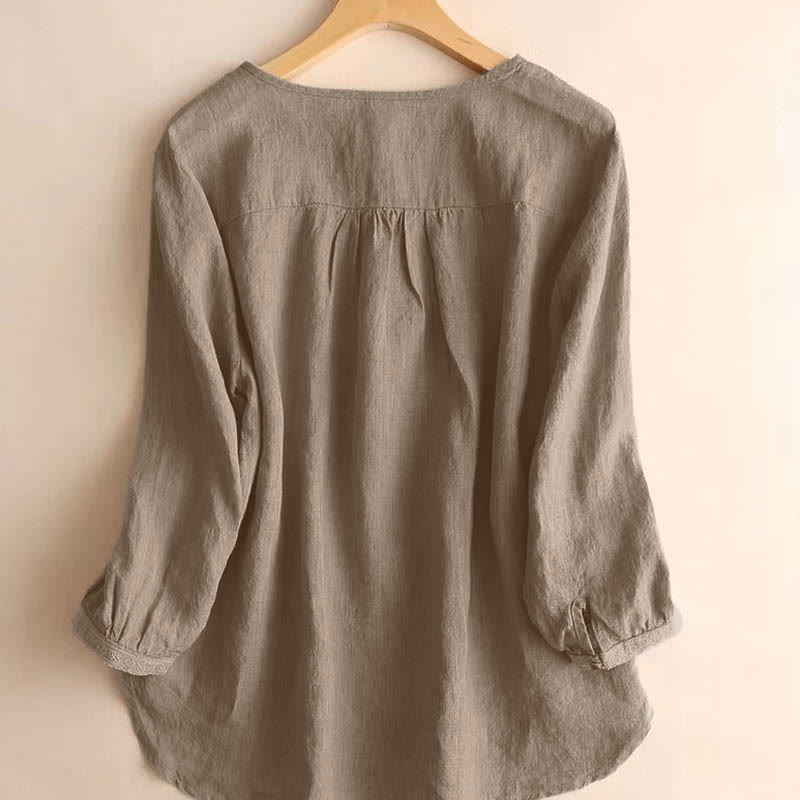 Buddha Stones Casual Plain Damenbluse mit Rundhalsausschnitt und Dreiviertelärmeln - image 1