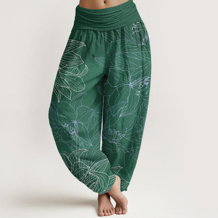 Buddha Stones Haremshose aus reiner Baumwolle im minimalistischen Stil mit Blumenmuster und elastischem Bund. - SeaGreen - US16, UK/AU20, EU48 (3XL) - image 0
