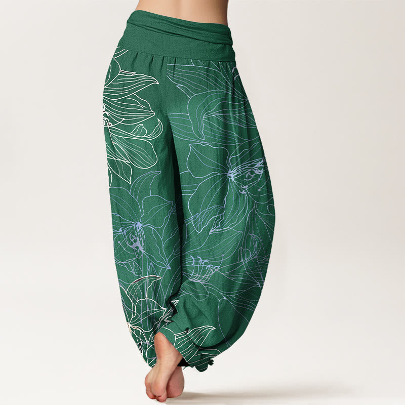 Buddha Stones Haremshose aus reiner Baumwolle im minimalistischen Stil mit Blumenmuster und elastischem Bund. - image 1