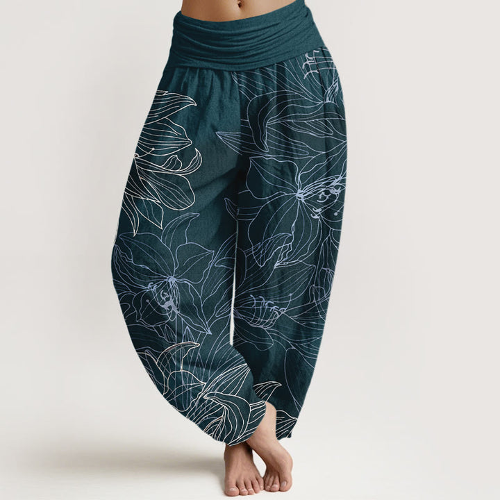 Buddha Stones Haremshose aus reiner Baumwolle im minimalistischen Stil mit Blumenmuster und elastischem Bund. - Dunkelgrau - US16, UK/AU20, EU48 (3XL) - image 5