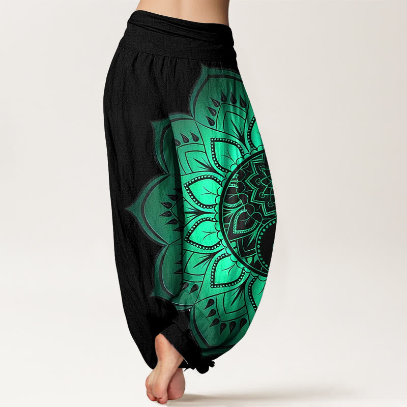Buddha Stones Haremshose aus Baumwolle mit symmetrischem Mandala-Muster und elastischem Bund für Damen - image 1