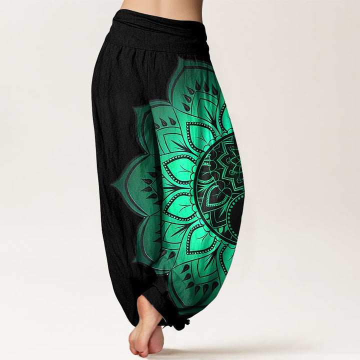 Buddha Stones Haremshose aus Baumwolle mit symmetrischem Mandala-Muster und elastischem Bund für Damen - image 1