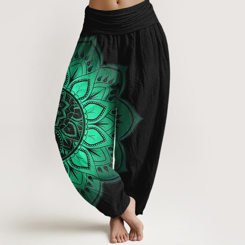 Buddha Stones Haremshose aus Baumwolle mit symmetrischem Mandala-Muster und elastischem Bund für Damen - Schwarz - US16, UK/AU20, EU48 (3XL) - image 0