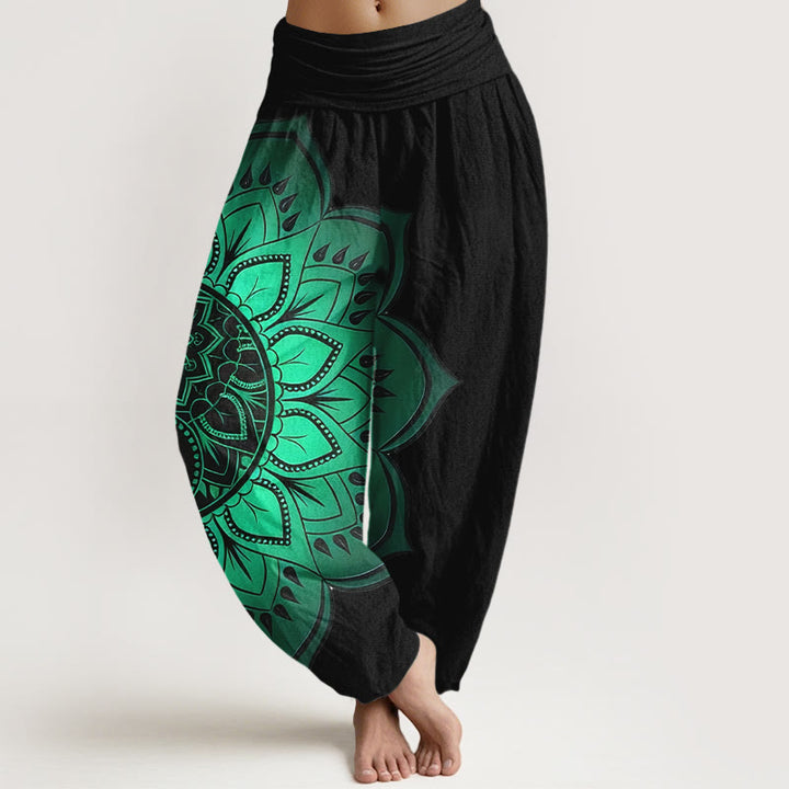 Buddha Stones Haremshose aus Baumwolle mit symmetrischem Mandala-Muster und elastischem Bund für Damen - Schwarz - US16, UK/AU20, EU48 (3XL) - image 0