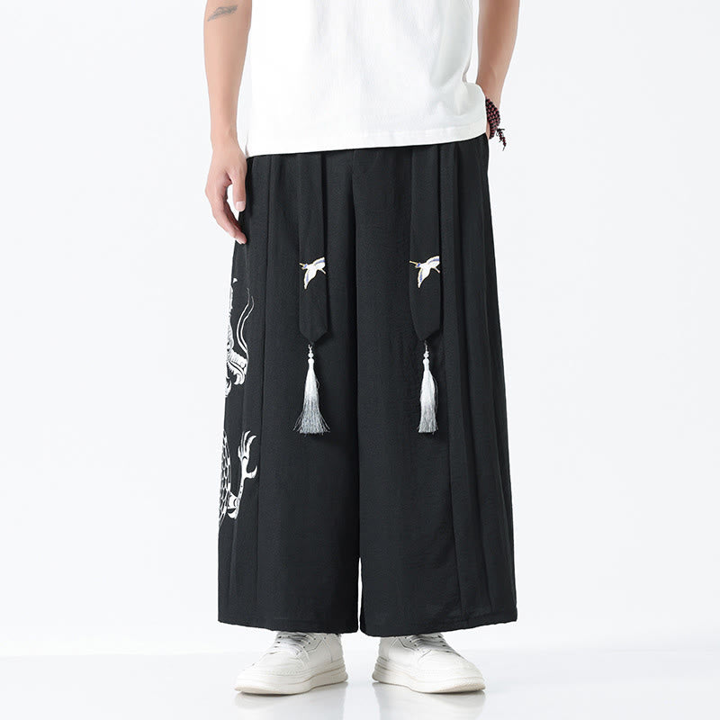 Buddha Stones Sommerliche Herrenhose mit Drachenmotiv, Kordelzug, knöchellang, aus Baumwolle, weitem Bein und Taschen - Schwarz - US/ UK/AU42, EU52 (3XL) - image 8