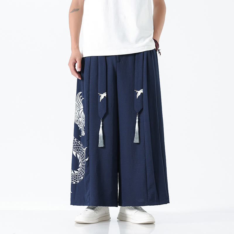 Buddha Stones Sommerliche Herrenhose mit Drachenmotiv, Kordelzug, knöchellang, aus Baumwolle, weitem Bein und Taschen - image 1