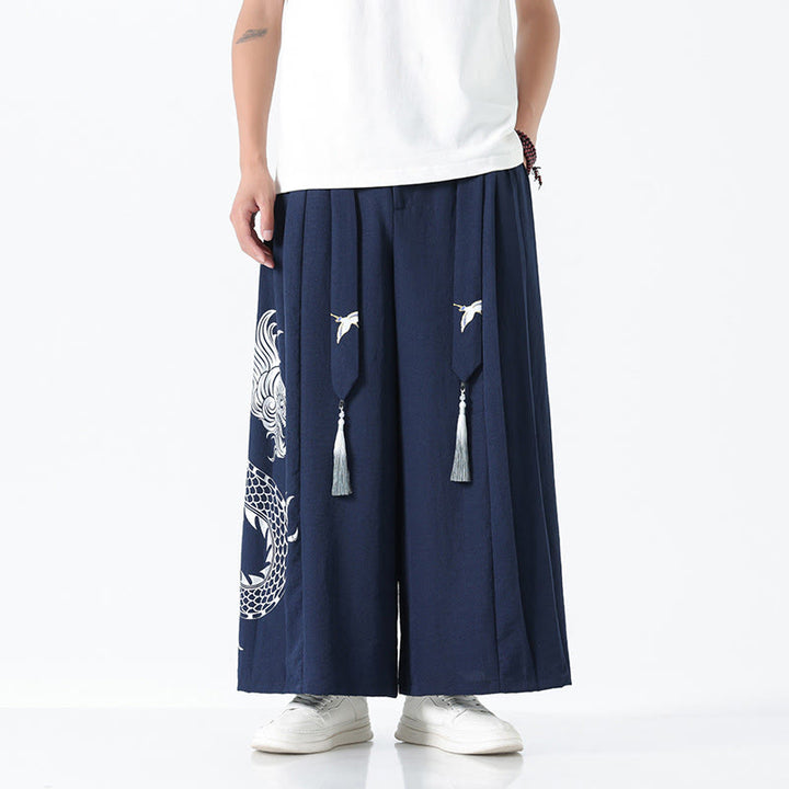 Buddha Stones Sommerliche Herrenhose mit Drachenmotiv, Kordelzug, knöchellang, aus Baumwolle, weitem Bein und Taschen - image 1