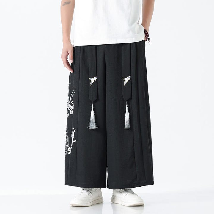 Buddha Stones Sommerliche Herrenhose mit Drachenmotiv, Kordelzug, knöchellang, aus Baumwolle, weitem Bein und Taschen - Schwarz - US/ UK/AU42, EU52 (3XL) - image 8