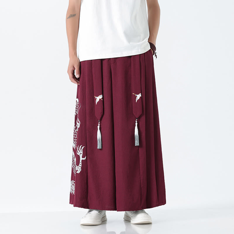 Buddha Stones Sommerliche Herrenhose mit Drachenmotiv, Kordelzug, knöchellang, aus Baumwolle, weitem Bein und Taschen - Dunkelrot - US/ UK/AU42, EU52 (3XL) - image 15