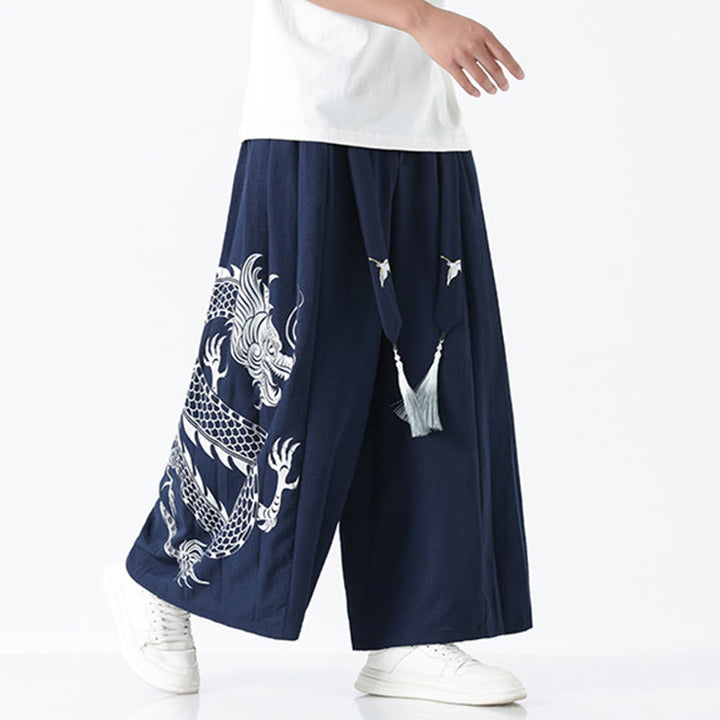 Buddha Stones Sommerliche Herrenhose mit Drachenmotiv, Kordelzug, knöchellang, aus Baumwolle, weitem Bein und Taschen - SteelBlue - US/ UK/AU42, EU52 (3XL) - image 0
