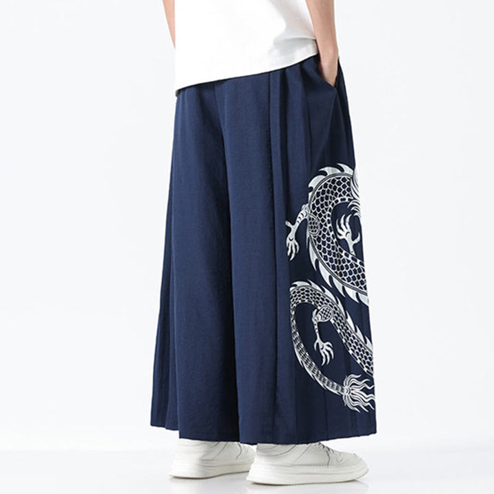 Buddha Stones Sommerliche Herrenhose mit Drachenmotiv, Kordelzug, knöchellang, aus Baumwolle, weitem Bein und Taschen - image 3