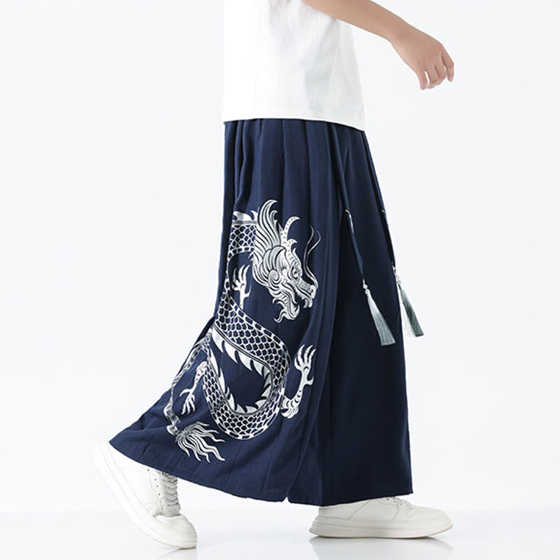 Buddha Stones Sommerliche Herrenhose mit Drachenmotiv, Kordelzug, knöchellang, aus Baumwolle, weitem Bein und Taschen - image 2