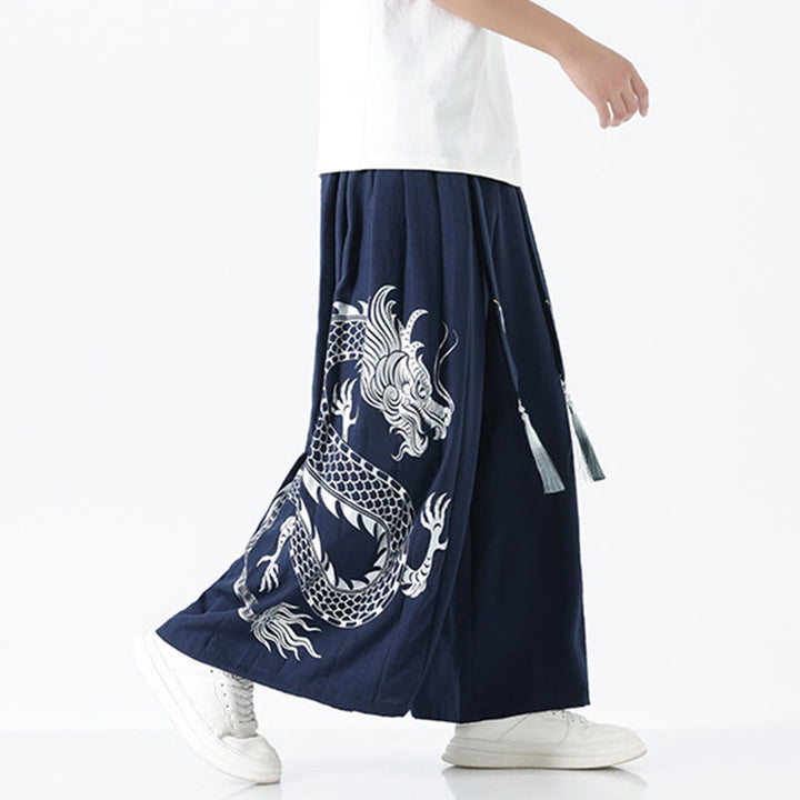 Buddha Stones Sommerliche Herrenhose mit Drachenmotiv, Kordelzug, knöchellang, aus Baumwolle, weitem Bein und Taschen - image 2