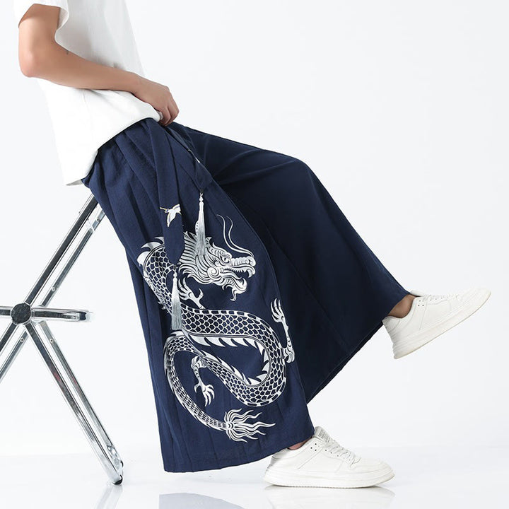 Buddha Stones Sommerliche Herrenhose mit Drachenmotiv, Kordelzug, knöchellang, aus Baumwolle, weitem Bein und Taschen - image 7
