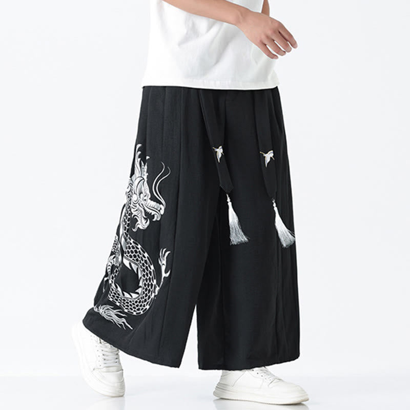 Buddha Stones Sommerliche Herrenhose mit Drachenmotiv, Kordelzug, knöchellang, aus Baumwolle, weitem Bein und Taschen - image 9