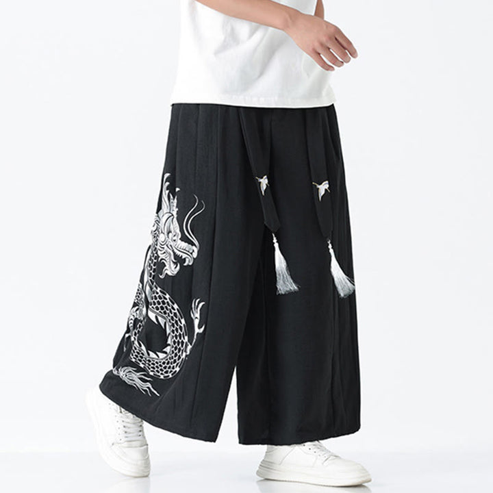 Buddha Stones Sommerliche Herrenhose mit Drachenmotiv, Kordelzug, knöchellang, aus Baumwolle, weitem Bein und Taschen - image 9
