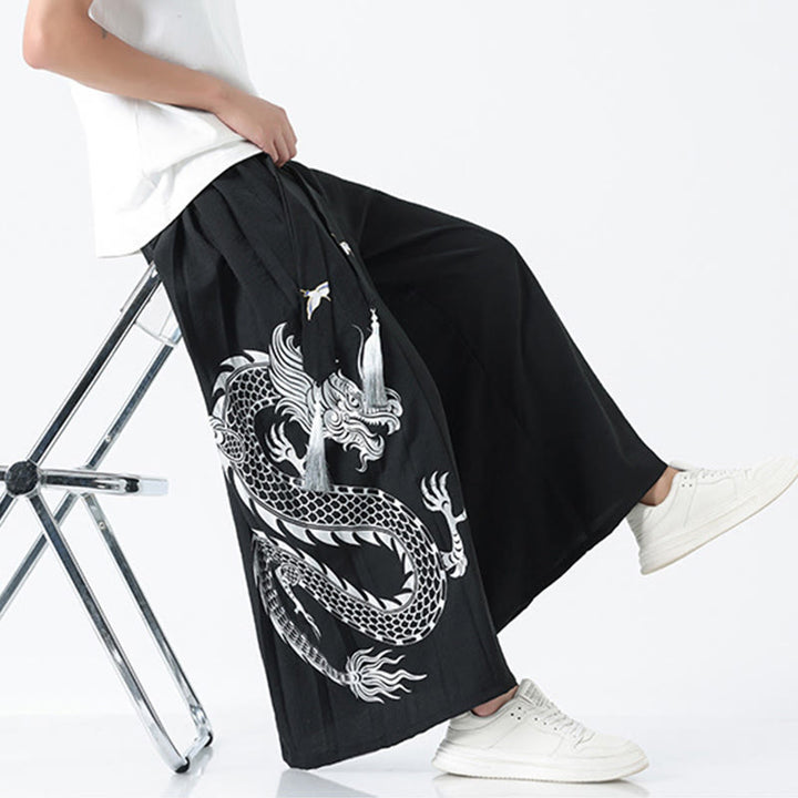 Buddha Stones Sommerliche Herrenhose mit Drachenmotiv, Kordelzug, knöchellang, aus Baumwolle, weitem Bein und Taschen - image 14