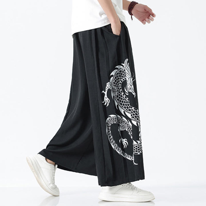 Buddha Stones Sommerliche Herrenhose mit Drachenmotiv, Kordelzug, knöchellang, aus Baumwolle, weitem Bein und Taschen - image 11
