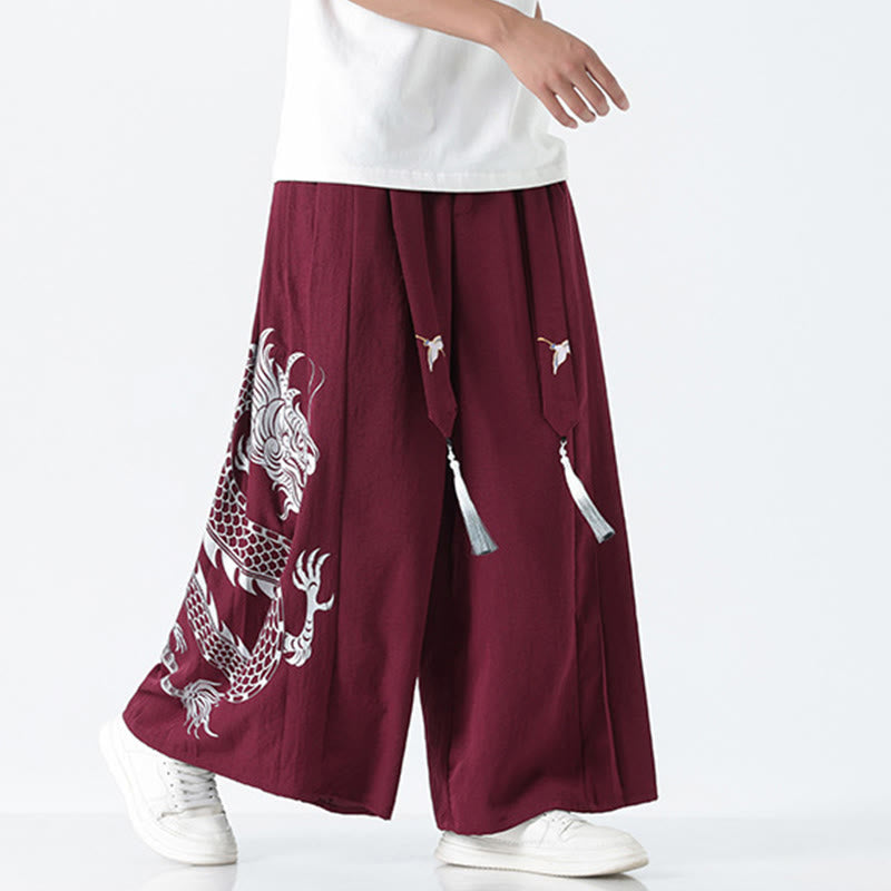 Buddha Stones Sommerliche Herrenhose mit Drachenmotiv, Kordelzug, knöchellang, aus Baumwolle, weitem Bein und Taschen - image 16