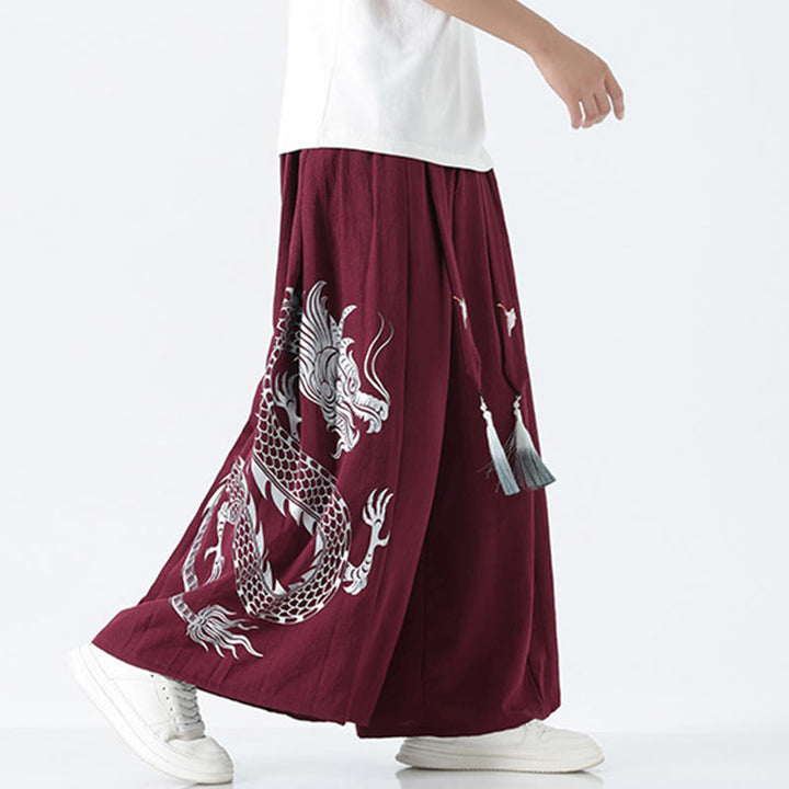 Buddha Stones Sommerliche Herrenhose mit Drachenmotiv, Kordelzug, knöchellang, aus Baumwolle, weitem Bein und Taschen - image 20