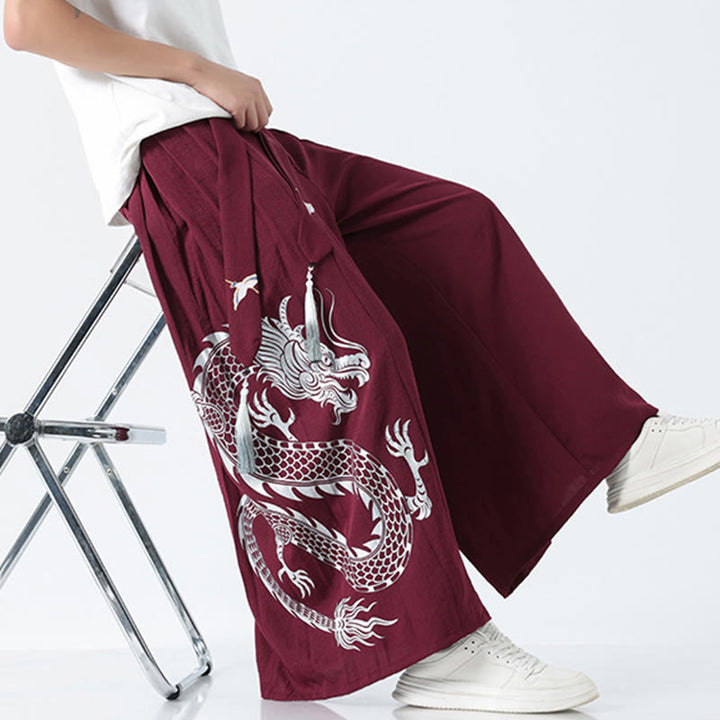 Buddha Stones Sommerliche Herrenhose mit Drachenmotiv, Kordelzug, knöchellang, aus Baumwolle, weitem Bein und Taschen - image 23