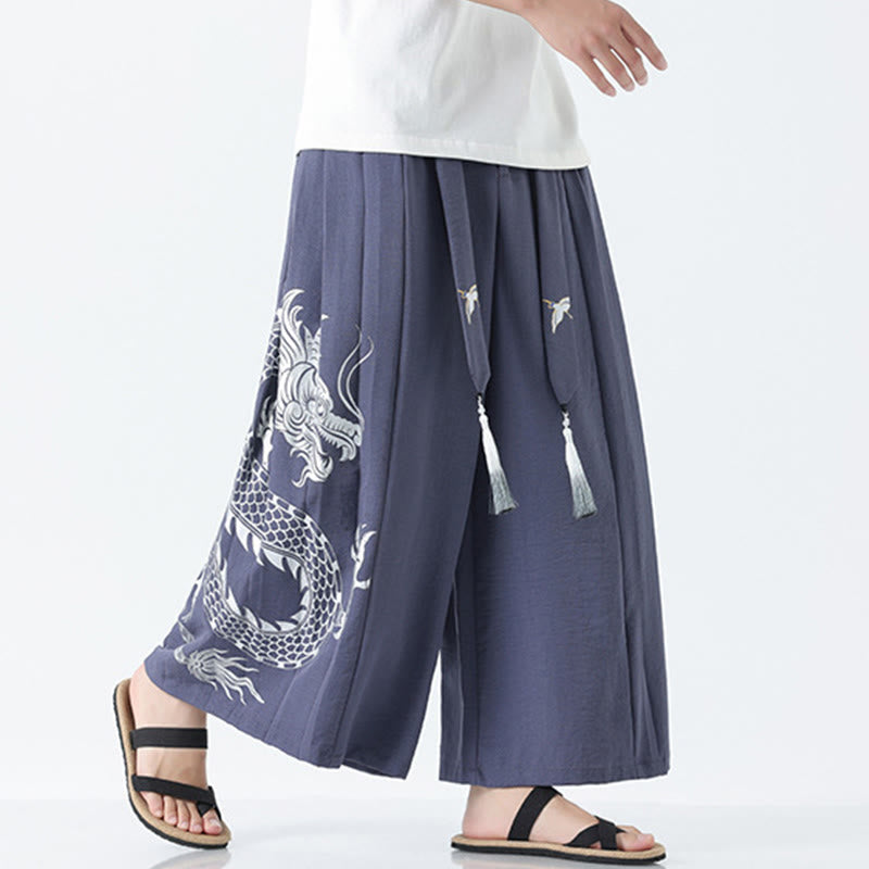 Buddha Stones Sommerliche Herrenhose mit Drachenmotiv, Kordelzug, knöchellang, aus Baumwolle, weitem Bein und Taschen - image 25