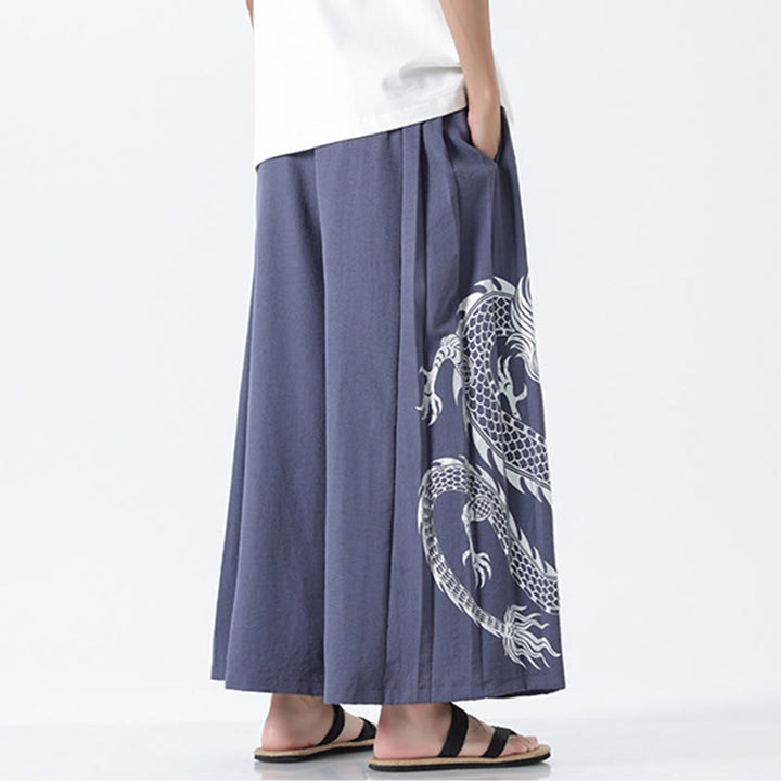Buddha Stones Sommerliche Herrenhose mit Drachenmotiv, Kordelzug, knöchellang, aus Baumwolle, weitem Bein und Taschen - image 28