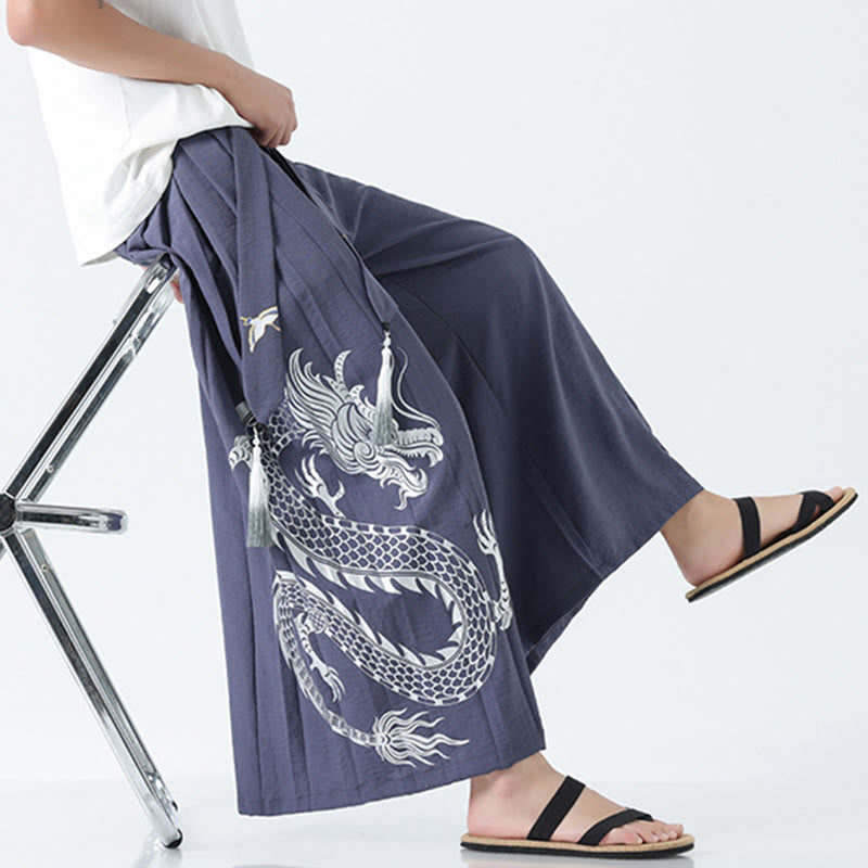 Buddha Stones Sommerliche Herrenhose mit Drachenmotiv, Kordelzug, knöchellang, aus Baumwolle, weitem Bein und Taschen - image 35