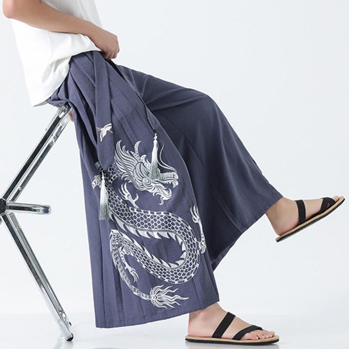 Buddha Stones Sommerliche Herrenhose mit Drachenmotiv, Kordelzug, knöchellang, aus Baumwolle, weitem Bein und Taschen - image 35