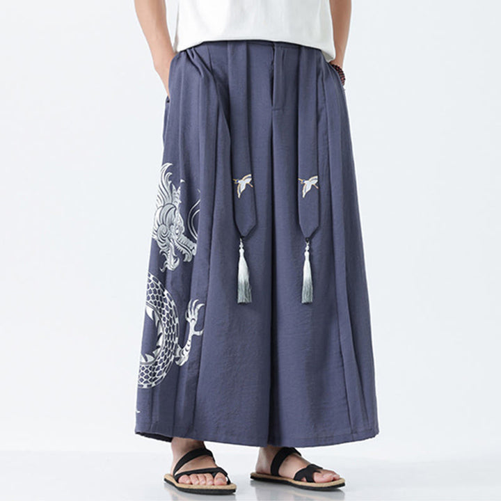 Buddha Stones Sommerliche Herrenhose mit Drachenmotiv, Kordelzug, knöchellang, aus Baumwolle, weitem Bein und Taschen - image 27