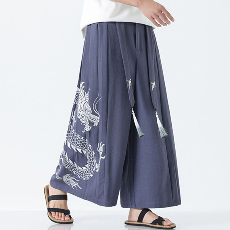 Buddha Stones Sommerliche Herrenhose mit Drachenmotiv, Kordelzug, knöchellang, aus Baumwolle, weitem Bein und Taschen - image 29