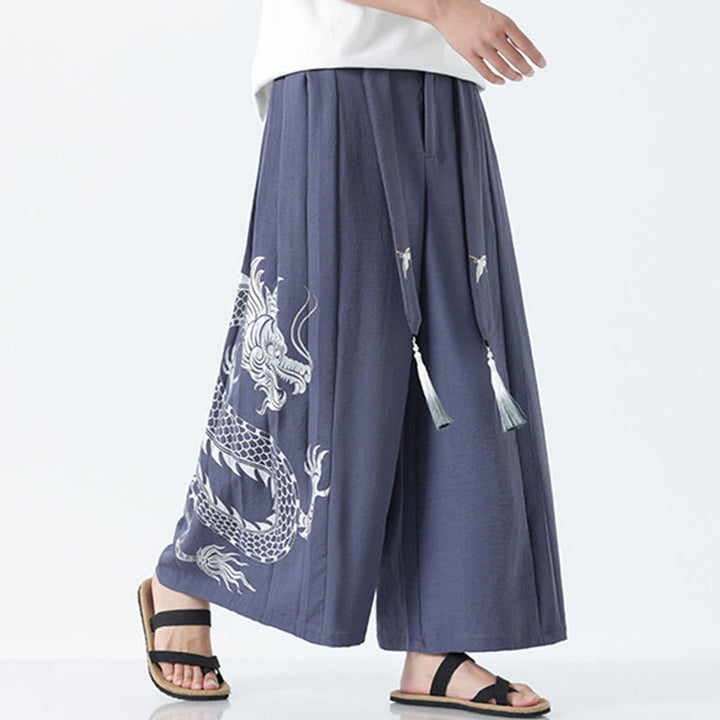 Buddha Stones Sommerliche Herrenhose mit Drachenmotiv, Kordelzug, knöchellang, aus Baumwolle, weitem Bein und Taschen - image 29