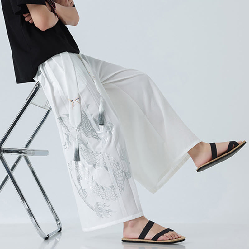 Buddha Stones Sommerliche Herrenhose mit Drachenmotiv, Kordelzug, knöchellang, aus Baumwolle, weitem Bein und Taschen - image 43