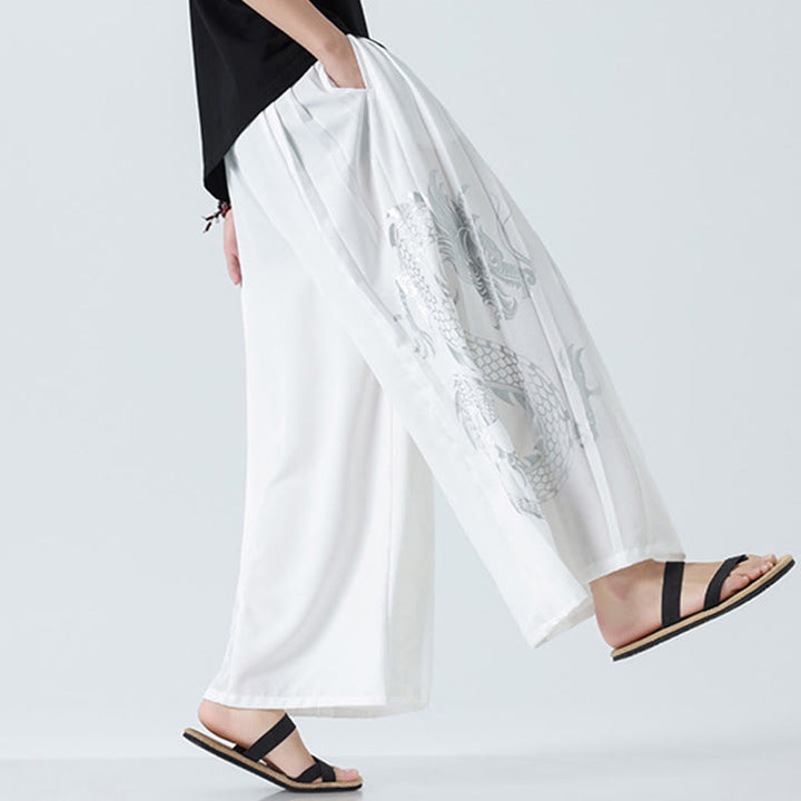 Buddha Stones Sommerliche Herrenhose mit Drachenmotiv, Kordelzug, knöchellang, aus Baumwolle, weitem Bein und Taschen - image 42