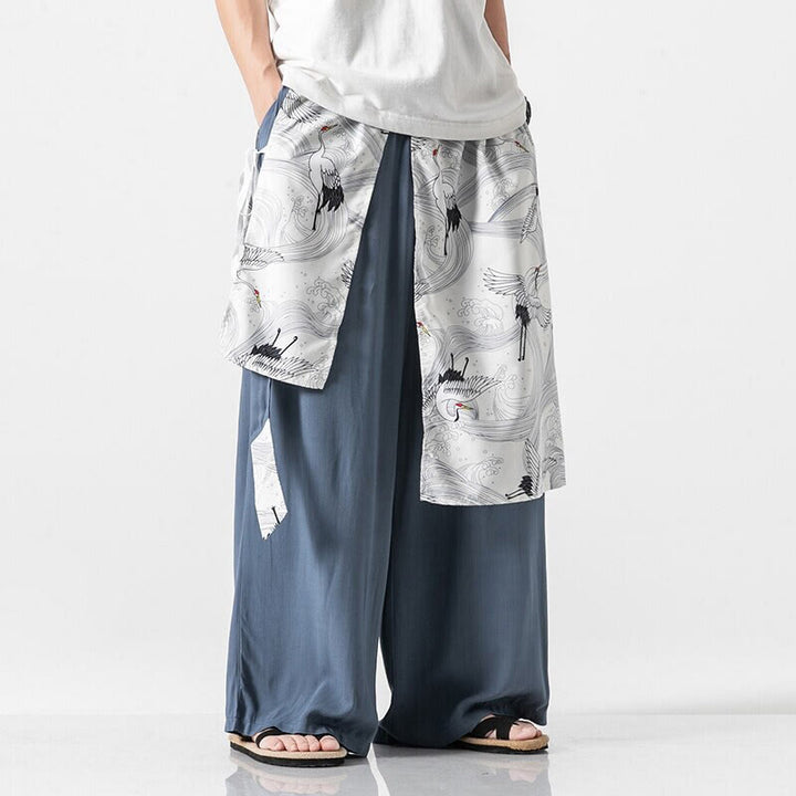 Buddha Stones Sommerliche Herren-Baumwollhose mit weitem Bein und Taschen, verziert mit fliegendem Kranich-Motiv - Hellstahlblau - US/ UK/AU46, EU56 (5XL) - image 10