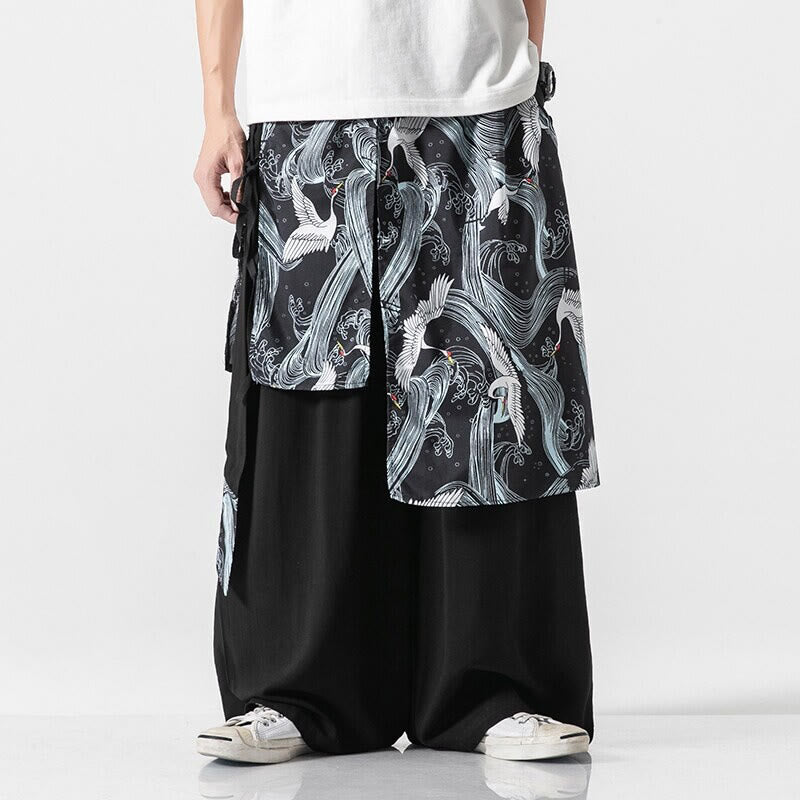 Buddha Stones Sommerliche Herren-Baumwollhose mit weitem Bein und Taschen, verziert mit fliegendem Kranich-Motiv - Schwarz - US/ UK/AU46, EU56 (5XL) - image 23
