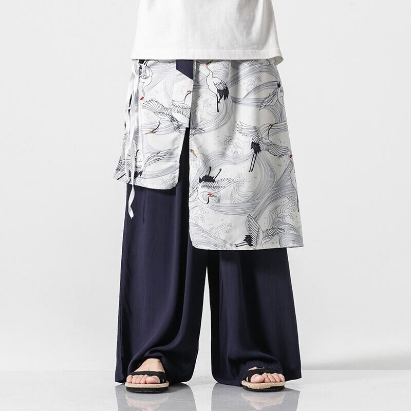 Buddha Stones Sommerliche Herren-Baumwollhose mit weitem Bein und Taschen, verziert mit fliegendem Kranich-Motiv - SteelBlue - US/ UK/AU46, EU56 (5XL) - image 0